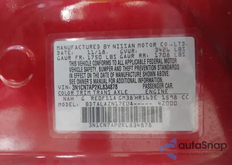 2019 Nissan Versa 1.6 S+ z USA, uszkodzony, nr VIN 3N1CN7AP2KL834878